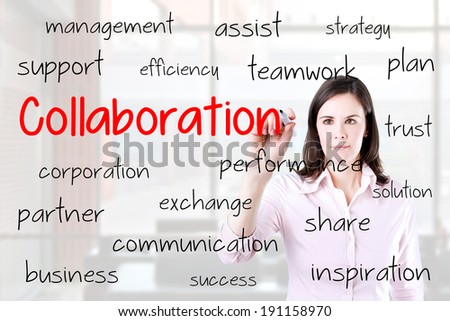 Business woman writing collaboration concept. Office background.