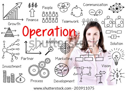 Young business woman writing business operation figure. Isolated on white.