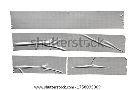 Silver grey repair duct tape pieces isolated. Set of grey metallic tapes on white background