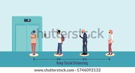 New normal and Social distancing when go back to work after coronavirus covid 19 spread concept. People wearing mask  keep distance when waiting for elevator (lift) . Flat vector Illustration.