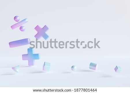 Gradient color basic math operation symbols and Geometry shape on white background. 3d render illustration. Mathematic education background concept.