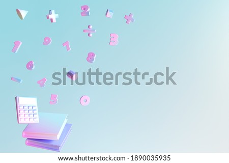Gradient color number and basic math operation symbols  with calculator and books on blue background. 3d render illustration. Mathematic education background concept.