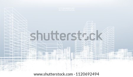 Abstract wireframe city background. Perspective 3D render of building wireframe. Vector illustration.