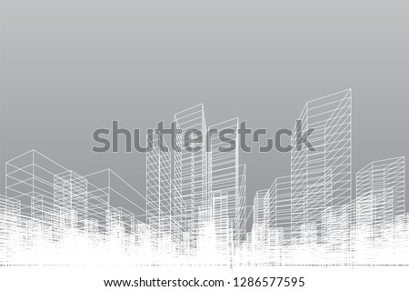 Abstract wireframe city background. Perspective 3D render of building wireframe. Vector illustration.