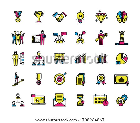 Business success icons set. Icons for business, management, finance, strategy, planning, analytics, banking, communication, social network, affiliate marketing. Created on pixel grid 64 x 64 pixel.