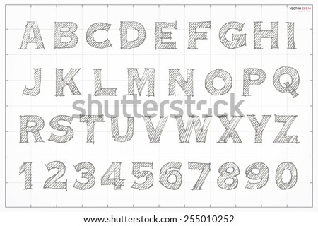 Sketch Alphabet And Number On Blueprint Background. Vector Hand Drawn ...