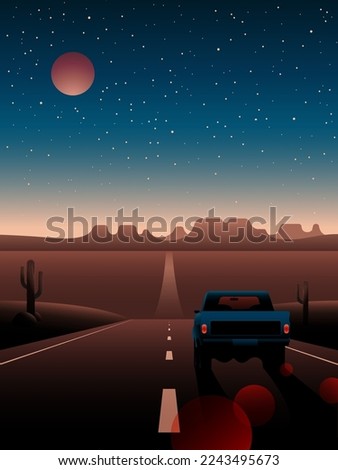 Night landscape of the desert and the car on the background of the mountains, stars and the moon.