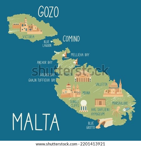 Hand drawn illustrated map of Malta, Gozo and Comino. Concept of travel to the Malta. Colorful vector illustartion. Country symbols on the map.