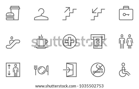 Public Navigation Vector Flat Line Icons Set. Cloakroom, Elevator, Exit, Taxi, ATM, Cafe. Editable Stroke. 48x48 Pixel Perfect.