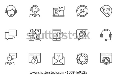 Help, Support and Contact Vector Flat Line Icons Set. Phone Assistant, Online Help, Video Chat. Editable Stroke. 48x48 Pixel Perfect. Stock foto © 