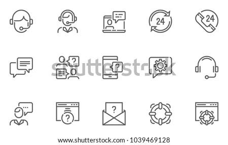 Help, Support and Contact Vector Flat Line Icons Set. Phone Assistant, Online Help, Video Chat. Editable Stroke. 48x48 Pixel Perfect.