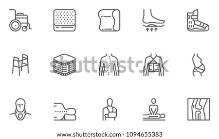 Orthopedic and trauma rehabilitation Vector Line Icons Set. Orthopedics Mattress Pillow, Cervical Collar, Walkers and Other Medical Rehab Goods. . Editable Stroke. 48x48 Pixel Perfect.