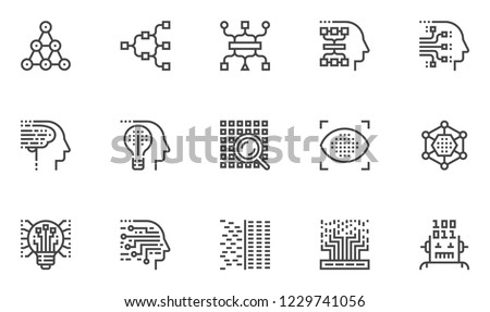 Machine Learning Vector Line Icons Set. Deep Learning, Genetic Algorithm, Neural Network, Machine Vision. Editable Stroke. 48x48 Pixel Perfect.