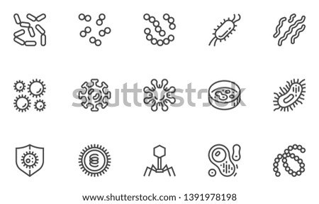 Bacteria, Microbe and Virus Vector Line Icons Set. Viral and Bacterial Infection, Colony of Bacteria, Petri Dish. Editable Stroke. 48x48 Pixel Perfect.