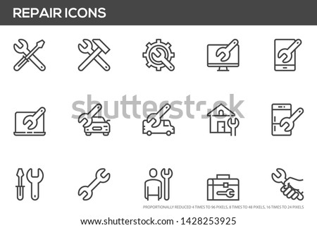 Repair vector line icons set. Screwdriver, engineer, toolbox, toolkit. Perfect pixel icons, such can be scaled to 24, 48, 96 pixels.