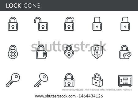 Locks vector line icons set. Keys, padlocks, safe deposit. Editable stroke. Perfect pixel icons, such can be scaled to 24, 48, 96 pixels.
