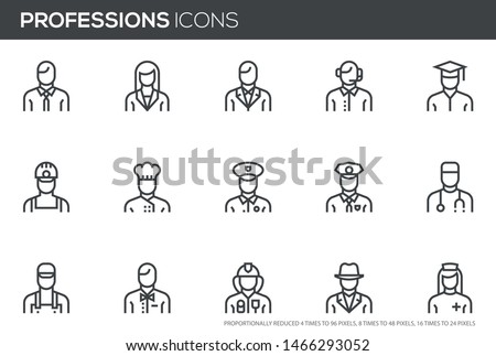 Professions vector line icons set. Human characters, avatars. Cook, doctor, policeman, nurse, fireman, worker. Editable stroke. Perfect pixel icons, such can be scaled to 24, 48, 96 pixels.