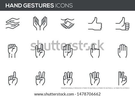 Hands vector line icons set. Hand gestures, signals. Editable stroke. Perfect pixel icons, such can be scaled to 24, 48, 96 pixels.