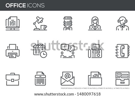 Office vector line icons set. Workplace, meeting, administrator, manager, support, business correspondence. Editable stroke. Perfect pixel icons, such can be scaled to 24, 48, 96 pixels.