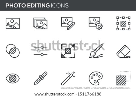 Photo editing vector line icons set. Image editing, brightness, filter. Editable stroke. Perfect pixel icons, such can be scaled to 24, 48, 96 pixels.