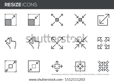 Resize vector line icons set. Scaling, increase, decrease. Editable stroke. Perfect pixel icons, such can be scaled to 24, 48, 96 pixels.