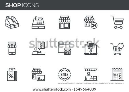 Shopping and Market Vector Line Icons Set. Store, Seller, Sale, Cash Register, Cashier. Perfect pixel icons, such can be scaled to 24, 48, 96 pixels.