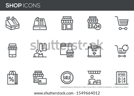 Shopping and Market Vector Line Icons Set. Store, Seller, Sale, Cash Register, Cashier. Perfect pixel icons, such can be scaled to 24, 48, 96 pixels.