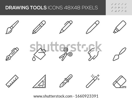 Drawing and Writing Tools Vector Line Icons. Pen, Pencil, Paintbrush, Paint Bucket. Editable Stroke. 48x48 Pixel Perfect.