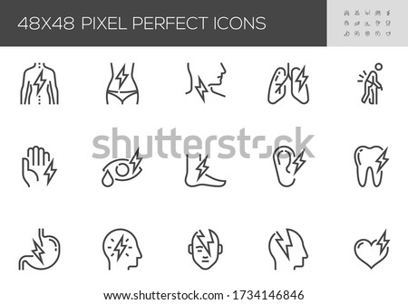 Pain Vector Line Icons. Headache, Heartache, Stomachache, Soreness, Limb Injuries, Trauma. Editable Stroke. 48x48 Pixel Perfect.
