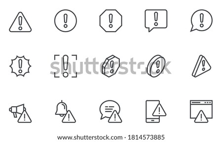 Warnings Vector Line Icons Set. Alert, Attention Sign, Exclamation Mark. Editable Stroke. Pixel Perfect.