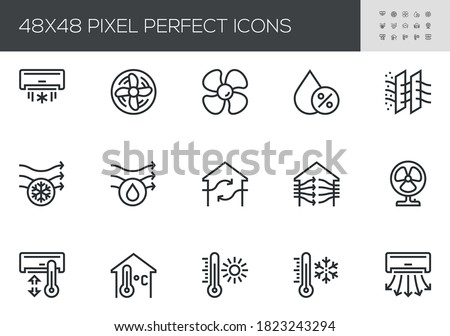 Set of Air Conditioning Vector Line Icons. Air Cooling, Fan, Humidity, Air Circulation, Ventilation. Editable Stroke. 48x48 Pixel Perfect.