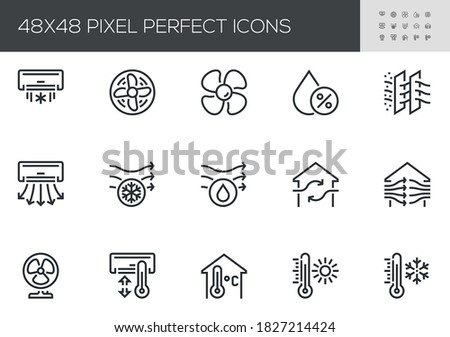 Set of Air Conditioning Vector Line Icons. Air Cooling, Fan, Humidity, Air Circulation, Ventilation. Editable Stroke. 