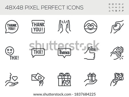 Set of Thanks Vector Line Icons. Thank You, Thankfulness, Gratitude, Appreciation. Thx Speech Bubble. Editable Stroke. 48x48 Pixel Perfect.