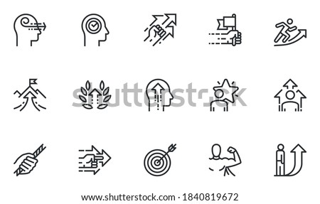 Set of Vector Line Icons Related to Persistence, Determination, Purposefulness, Assertiveness, Striving for Development. Editable Stroke. Pixel Perfect. Foto d'archivio © 