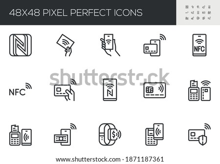 Set of Vector Line Icons Related to NFC. Payment by Smartphone via Pin Pad. NFC Communication, Online Payment, Wireless Payment. Editable Stroke. 48x48 Pixel Perfect.