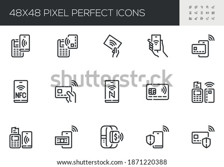 Set of Vector Line Icons Related to NFC. Payment by Smartphone via Pin Pad. NFC Communication, Online Payment, Wireless Payment. Editable Stroke. 48x48 Pixel Perfect.