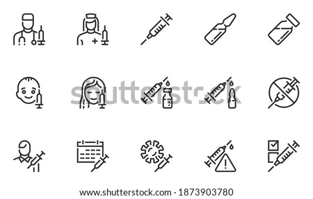Set of Vector Line Icons Related to Vaccine. Vaccination of Children and Adults, Injection, Medical Syringe, Ampoule. Editable Stroke. Pixel Perfect.