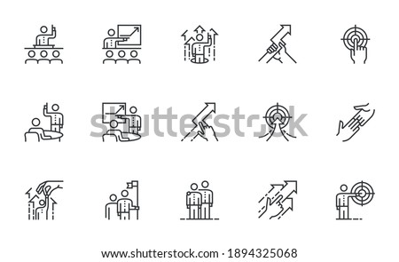 Set of Vector Line Icons Related to Coaching. Business Training, Mentoring, Motivation. Coach, Leader. Editable Stroke. Pixel Perfect.
