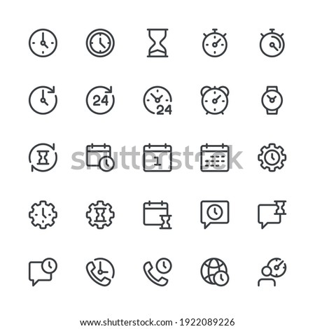 Time and Clock Vector Line Icons. Timer, Calendar, Watch, Support, Waiting. Editable Stroke. 256x256 Pixel Perfect.