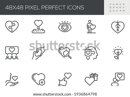 Set of Vector Line Icons Related to Friendship and Love. Falling in Love, Amorousness, Mutual Understanding, Passion, Mutual Relationship. Editable Stroke. 48x48 Pixel Perfect.