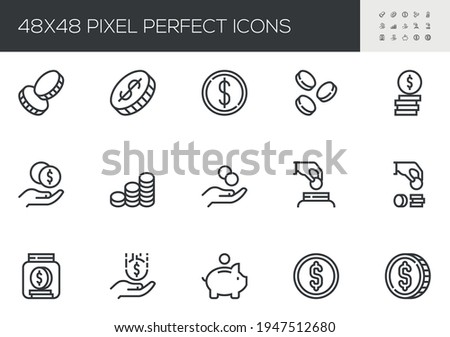 Set of Vector Line Icons Related to Coins. Stack of Coins, Hoarding, Cash Savings. Editable Stroke. 48x48 Pixel Perfect.