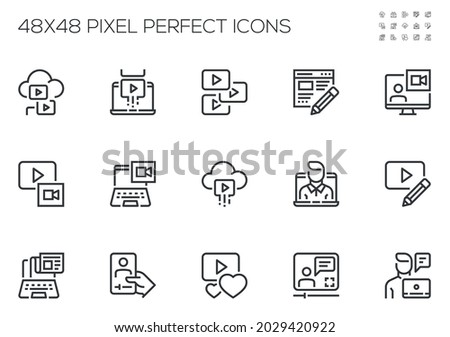 Set of Vector Line Icons Related to Blogging. Video Blogger, Blog, Social Media. Editable Stroke. 48x48 Pixel Perfect.