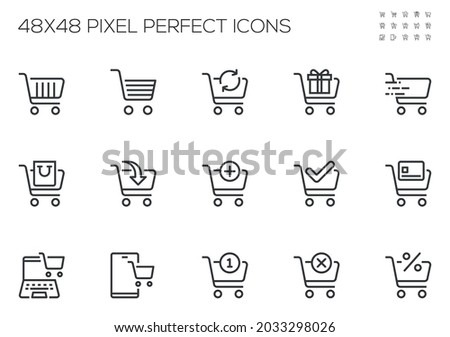 Set of Vector Line Icons Related to Shopping Cart. Online Store, Add Products, Cancel a Purchase. Editable Stroke. 48x48 Pixel Perfect.