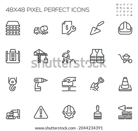Construction, Building Site, Construction Machinery. Crane, Estimate, Excavator, Concrete Truck. Simple Vector Line Icons. Editable Stroke. 48x48 Pixel Perfect.
