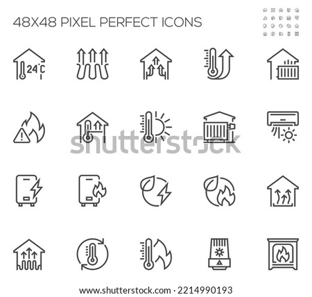 House Heating. Heat Supply. Heating Boiler, Water Heater, Gas and Electric Heating. Vector Line Icons Set. Editable Stroke. 48x48 Pixel Perfect.