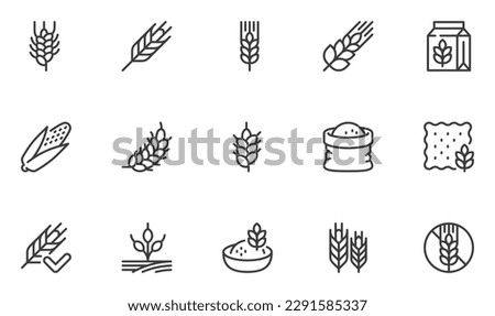 Cereal Line Icons Set. Wheat, Barley, Maize, Oatmeal, Flour, Grain. Editable Stroke. Pixel Perfect.