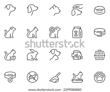 Pets. Veterinary medicine and animal care. Dog, cat, aquarium fish, rabbit. Vector line icons set. Editable stroke. Pixel perfect.