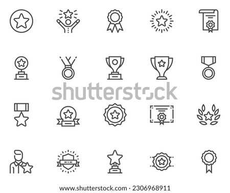 Set of Vector Line Icons Related to Award. Reward, Winner's Medal, Victory Cup, Trophy Prize. Editable Stroke. Pixel Perfect.