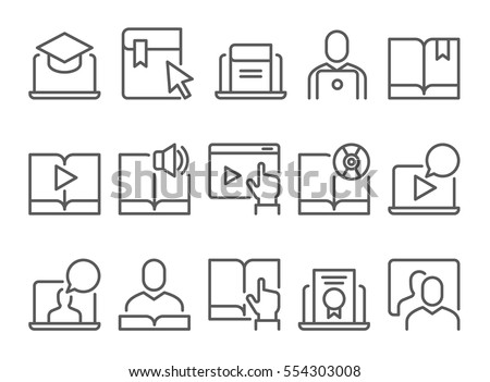 Online education e-learning line flat video tutorial training icons set
