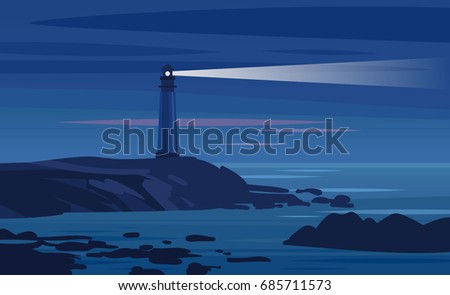 Lighthouse on a rock at night. Vector illustration